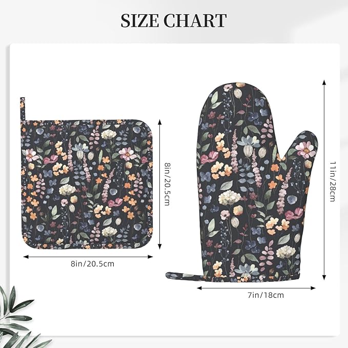 Watercolor Wild Flowers Oven Mitts and Pot Holders Sets Silicone Wildflower Kitchen Oven Mitts Hot Pads Heat Resistant Vintage Floral Potholders Kitchen Mitts Set for Baking BBQ Cooking