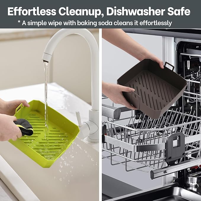 NEWITEE 5QT Air Fryer Silicone Liners for Ninja AF141/AF142 & COSORI CAF-L501, Square Reusable Air Fryer Liners with Handle, 2 Pack BPA Free Platinum Silicone Basket, Upgrade