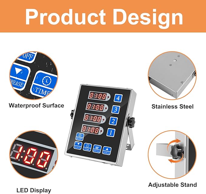Precision Kitchen Timers for Cooking – 4 Channel Commercial Kitchen Timer Restaurant Kitchen Supplies – Stainless Steel Digital LED Chef Cooking Timer – Reminder Function, Loud Alarm, Black
