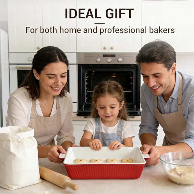 GOURMETEDGE 10-Piece Stackable Ceramic Bakeware Set - Ideal Mother's Day Gift, Non-Toxic Non-Stick Oven Safe, PFOA & PFOS Free, Includes Baking Dishes, Pie Plate, Ramekins & Silicone Tools (Red)