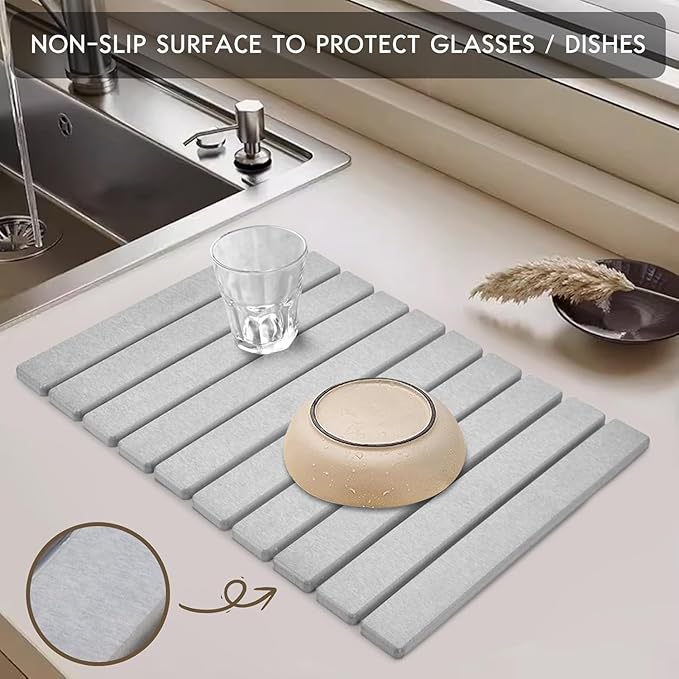 Large Stone Dish Drying Mat for Kitchen Counter – 24"(L)×16 (W) Foldable Absorbent Diatomaceous Earth Dish Drying Mats, Grey Kitchen Counter Mats for Dishes Bottles Cups, Match Any Countertop