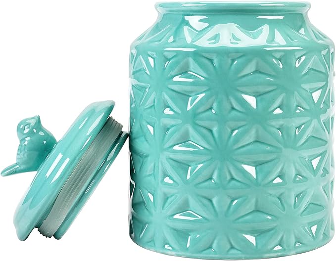 MyGift Vintage Turquoise Ceramic Kitchen Jar with Lid, Cookie Jar Storage Containers Airtight with Embossed Star and Bird Design