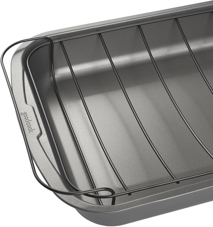 GoodCook Everyday Roast Pan with Rack Rectangular Nonstick Construction Large Capacity Metal Utensil-Safe, 15 x 11-Inch, Gray