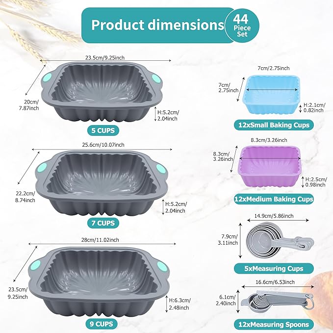To encounter 44 Pieces Silicone Square Cake Pans Set, 3 Sizes Silicone Fluted Cake Pan with Reusable Baking Cups, Food Grade Baking Molds for Brownie, Bread, Muffin, Light Grey