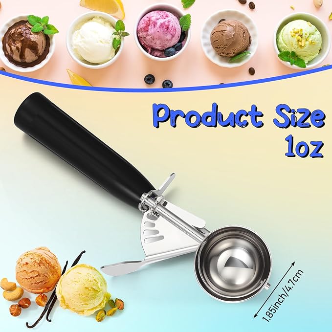 Reallnaive 4 Pcs Release Cookie Scoops Ice Cream Scooper with Trigger Release Portion Scoop Stainless Steel for Portion Control, Baking Food, Cookie Dough (1 oz,Black)