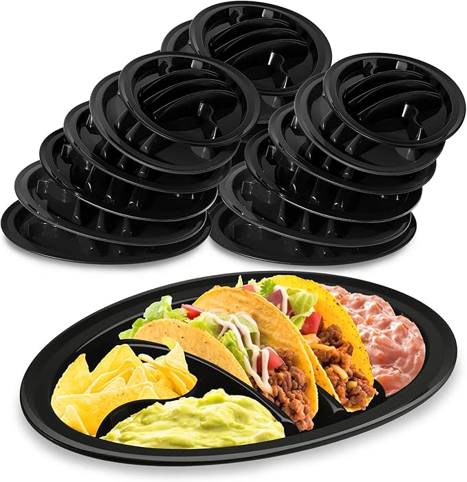 Roshtia 24 Pcs Taco Holder Fiesta Bulk with 2 Stand Holder 4 Compartments Plastic Tray for Soft and Hard Shell Tacos, Microwave Safe for Soft & Hard Shell Tacos(Black)
