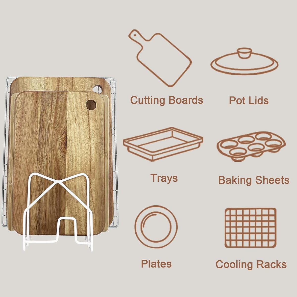 Pot Lid Organizer W 2 Chip Bag Clips Cutting Board Holder Inside Cabinet 304 Stainless Steel Pan Organizer Under Cabinet Pot Cover Cookie Sheet Bakeware Serving Tray Cooling Rack Stand Kitchen White