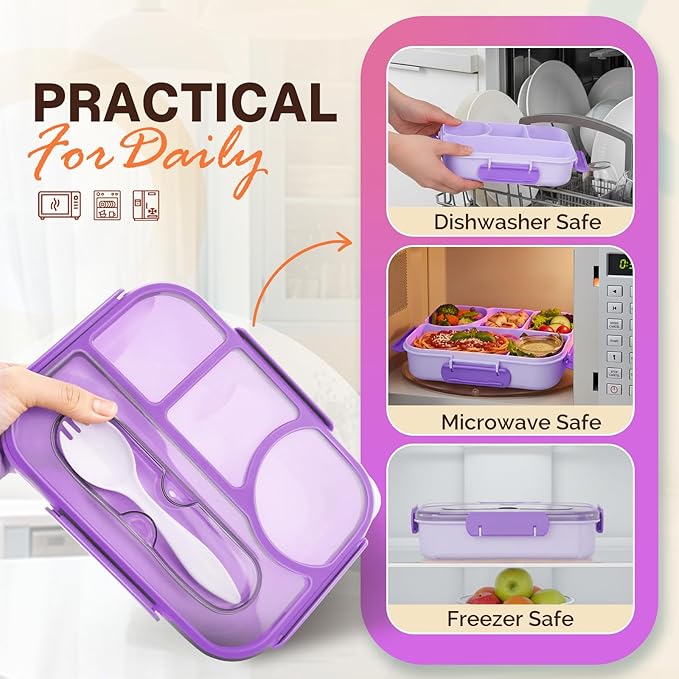 EASYFUN Bento Lunch Box Set Bento Box, 4-Compartment Lunch Containers,High Capacity Lunch Tote Bags for Work, Travel, Outdoor (Purple)