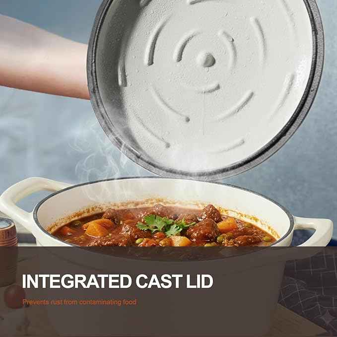 Overmont Enameled Cast Iron Dutch Oven - 5.5QT Pot with Lid Cookbook & Cotton Potholders - Heavy-Duty Cookware for Braising, Stews, Roasting, Bread Baking White