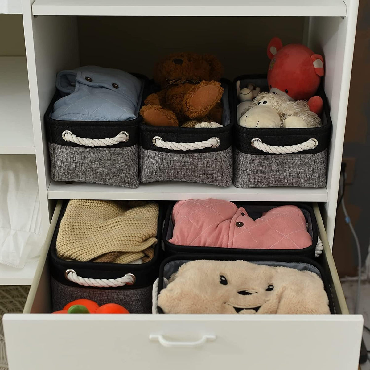 TheWarmHome Storage Basket for Organizing - 12x8x5.2 inch Small 6 Pack Collapsible Storage Bin for Shelves with Rope, Fabric Storage Cubes for Cloth Gift Toy Decorative Organizer (Black & Grey)