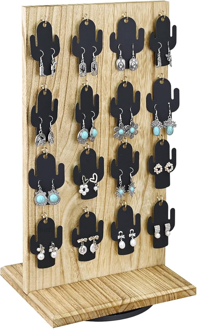 Ikee Design Wooden Rotating Two-Sided Jewelry Display Stand, Rotating Organizer with 32 Hooks for Store, Earring Keychain Display with Hooks, Oak color, 9 W x 7.5 D x 16.5 H in