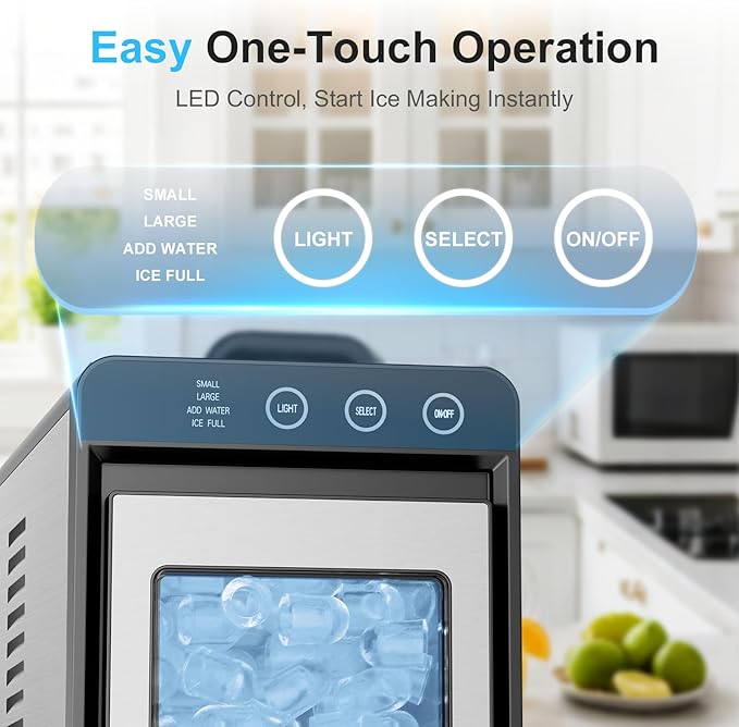 Kismile Ice Maker Countertop, 26Lbs/24H Bullet Portable Ice Maker Machine with 2 Ice Sizes, Interior Light, Self-Cleaning, 8 Cubes in 6 Mins, 0.8L Compact Ice Maker for Home, Kitchen, Stainless Steel