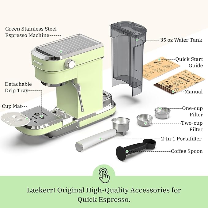 Laekerrt Espresso Machine 20 Bar Espresso Maker CMEP01 with Milk Frother Steam Wand, Professional Expresso Machine for Cappuccino and Latte (Stainless Steel, Green) Gift for Dad, Father, Coffee Lovers