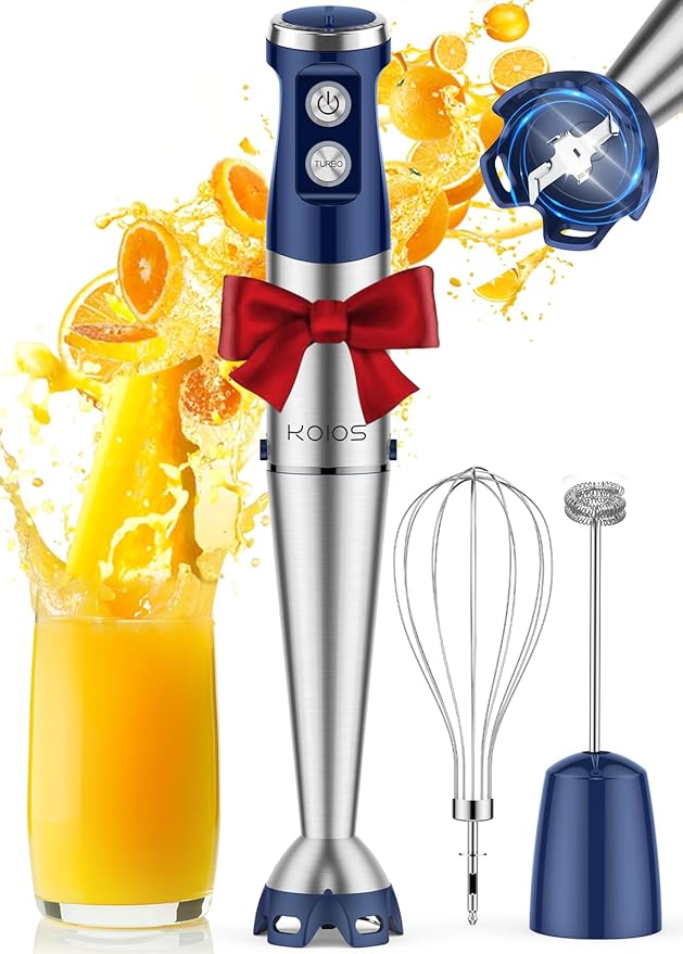KOIOS Immersion Blender, 1000W Anti-scratch 3-in-1 Hand Blender, Upgraded 12 Speed Stainless Steel Blade Stick Blender with Turbo Mode, Whisk and Milk Frother, Non-BPA, Blue
