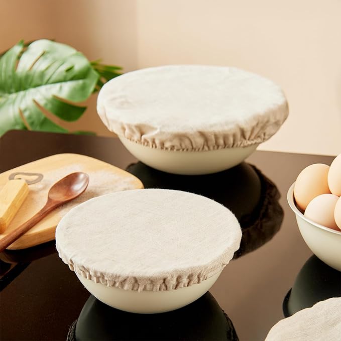100% Pure Linen Bowl Covers For Bread Proofing, 4 Pcs Elastic Reusable Solid Color Cloth Fabric Bowl Covers,XL Organic Washable Large Stretch Sourdough Lids 6 * 8 * 10 * 12 Inches, Linen