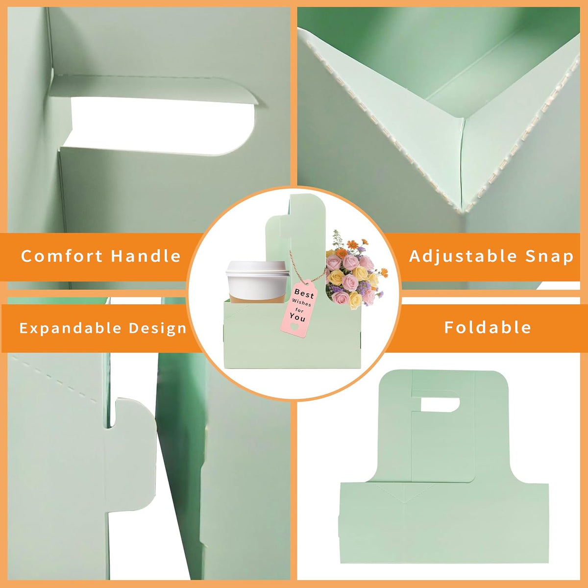 2 Cup Drink Carrier,16 Pack Coffee Cup Holders with Handle,Cardboard Cup Holders for Hot or Cold Drinks,Coffee Carrier with Ribbon and Card,Food Delivery Services and Bouquet(Green)