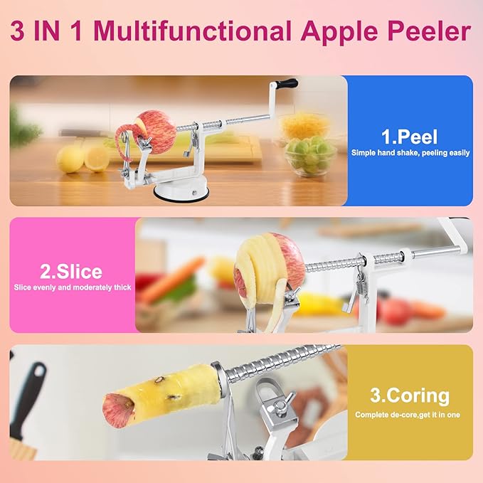 Apple Peeler, Slicer Corer Potato Peelers 3 In 1, Stainless Steel Heavy Duty with Suction Cup Base And 3 Extra Blades (White)