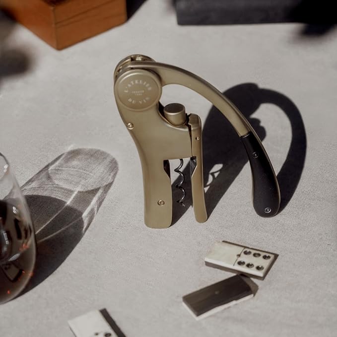 L’Atelier du Vin Oeno Motion Gold Nomad Lever Corkscrew Gift Set - Luxury Sommelier Wine Bottle Opener with Premium Black Leather Case Wine Tasting, Emblematic Wine Key Designed In France