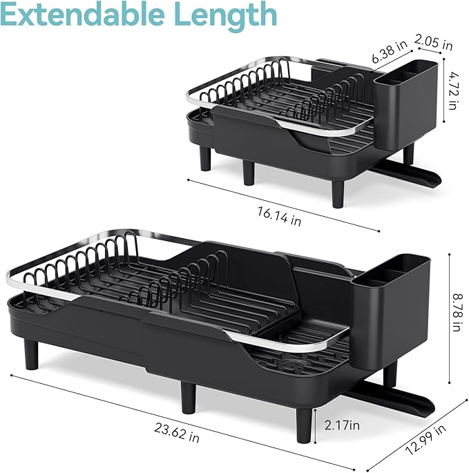 Urackify Expandable Dish Rack for Kitchen Counter,16.14"-23.62" Large Stainless Steel Dish Drying Rack with Adjustable Water Spout, Space Saving Dish Drainer with Auto Draining Cutlery Holder,Black