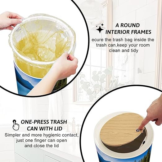 Trash Can with Lid Lake Tahoe Press Top Round Small Garbage Bin with Wooden Legs Waste Basket for Kitchen Bedroom Nursery 7L/1.8 Gallon