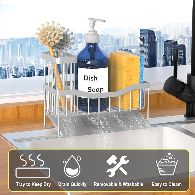 Maifan Sink Caddy Sponge Holder for Kitchen with Brush Holder and Stainless Steel Self Drain Tray, Rustproof Kitchen Sink Organizer for Sponge, Soap Dispenser Storage Accessories (Lacquer Silver) | Sponge Holder, Brush Holder, Self Drain Tray, Rustproo...