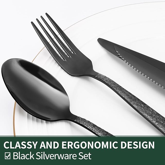 EWFEN 24-Piece Black Silverware Set with Steak Knives, Black Flatware Set for 4, Food-Grade Stainless Steel Tableware Cutlery Set, Mirror Finished Utensil Sets for Home Restaurant, Hammered Edge