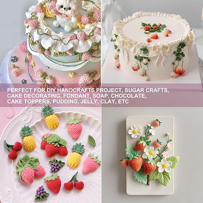 4 Pcs Strawberry Baking Mold Fruit Silicone Fondant Mold Strawberry Leaf Flower Chocolate Molds DIY Cupcake Molds for Candy Jelly Clay Ice Cream Soap Cake Topper Decoration