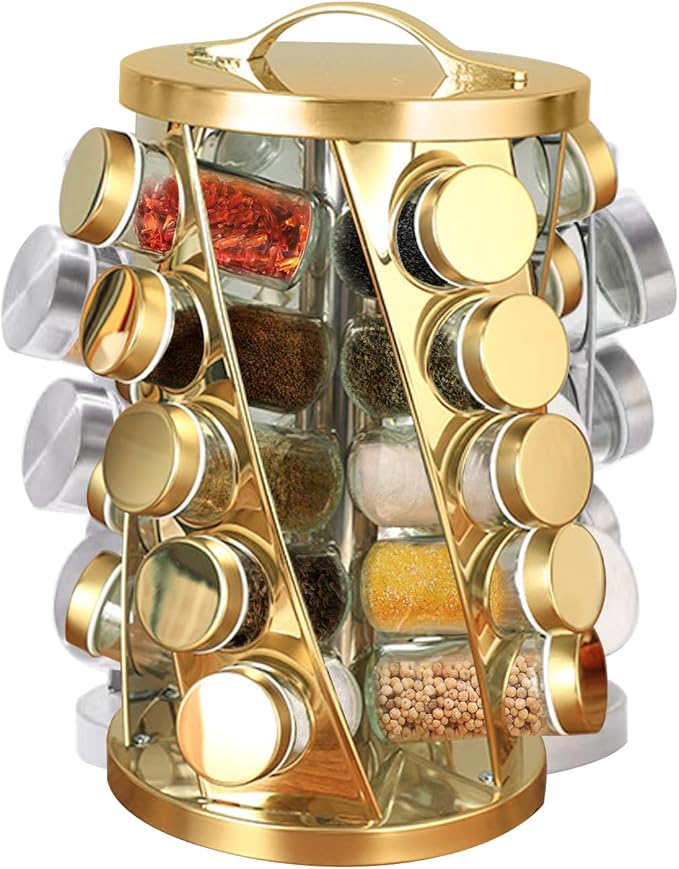 Portable Stainless Steel Spice Rack with 20 Spice Jars Included Revolving Spice Organizer for Kitchen Tower Storage Rack for Spices and Seasoning Gold