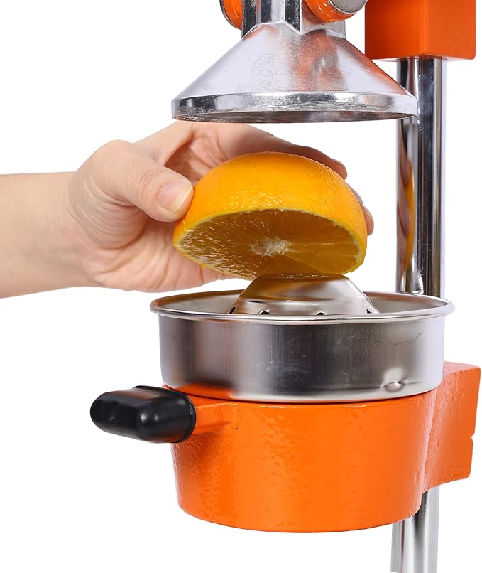 【Cast Iron Citrus Juicer】Commercial Grade Manual Orange Juicer, Heavy Duty Hand Press Juicer for Orange Lemon Lime, Extra Large Countertop Juice Squeezer, Easy Clean (Orange)