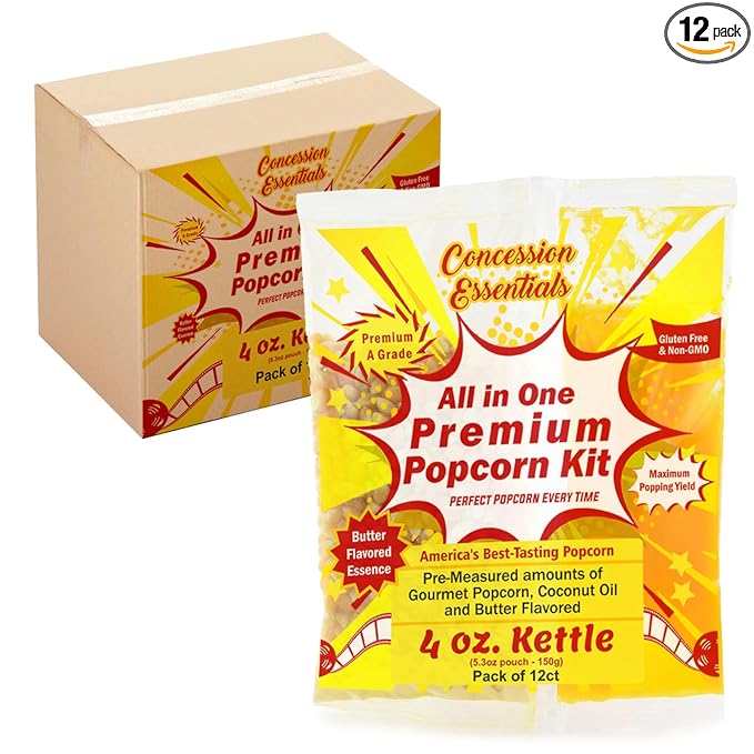 Concession Essentials 4oz Popcorn Portion Packs – Pre-Measured Kernels, Oil & Salt – Case of 12 Packs for Perfect Popcorn Every Time