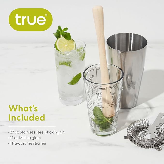 True 3-Piece Barware Set for Mixed Drinks and Cold Brew Cocktails, Includes Cocktail Shaker Tin, Cocktail Mixing Glass with 7 Printed Recipes, and Hawthorne Strainer, Home Bar Tools, Bartender Gifts