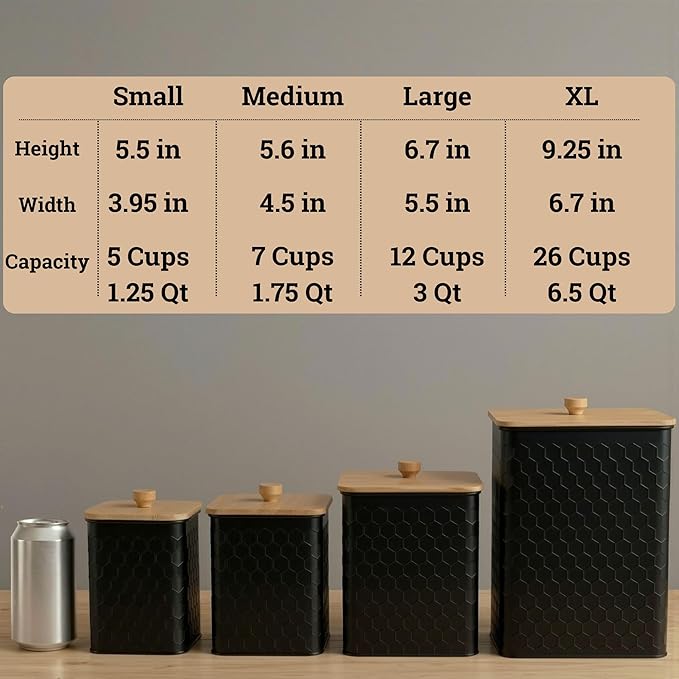 Kitchen Canisters for Countertop Set of 4 - Textured Iron Kitchen Canisters with Airtight Lids - Flour Sugar Canister Set - Flour and Sugar Containers Farmhouse - Coffee Jar for Counter - Black Jar x4