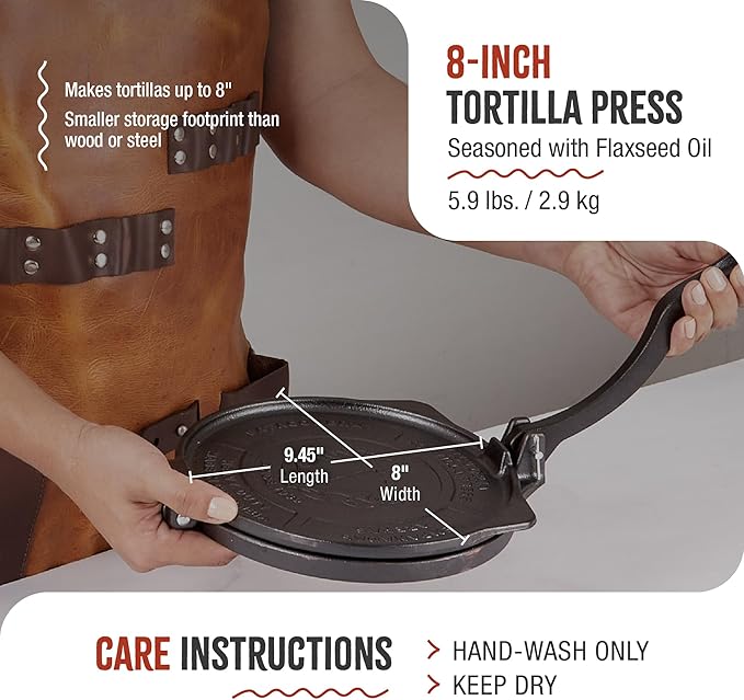 Victoria 8-Inch Cast Iron Tortilla Press HD Spherrous, Commercial-Grade Cast Iron Tortilla Maker, Roti Press, Pataconera Seasoned with Flaxseed Oil, Made in Colombia, Black