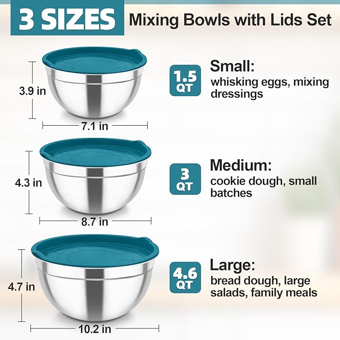 TeamFar Mixing Bowls, Stainless Steel Nesting Salad Bowls with Airtight Lids Set, For Serving/Mixing/Storing, Healthy & Heavy-duty, Dishwasher Safe & Easy Clean, 4.6/3 / 1.5 QT, Navy Blue