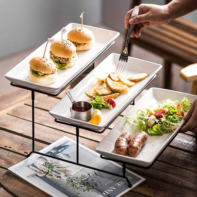 YHOSSEUN 3 Tier Serving Stand Tiered Tray Stand with 3 Porcelain Serving Platters Trays for Dessert Server Display Collapsible Sturdier Metal Rack 14 inch