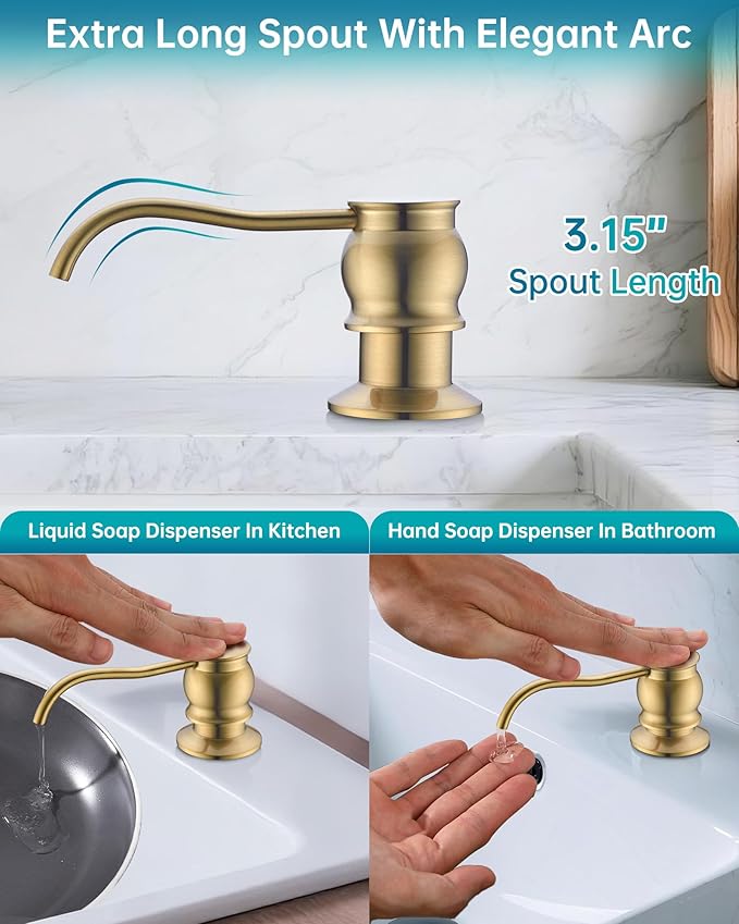 Built in Deck Mount Liquid Lotion Kitchen Countertop Metal Soap Dispenser, Brushed Gold Brass Dispenser Pump with 47.2" Silicone Long Tube for 0.79 "- 1.38" High Capacity Bottle Mouths