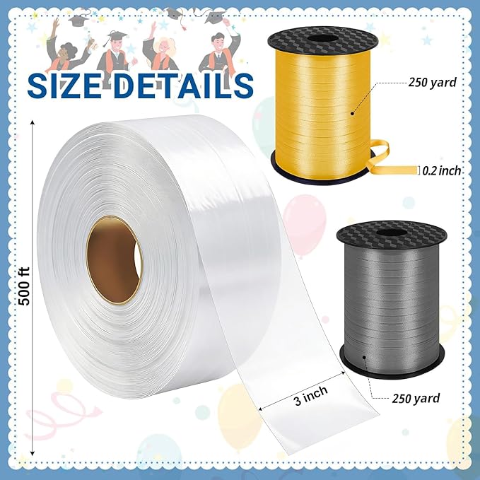 Candy Lei Poly Tubing, 3 Inch x 1000 ft Clear Graduation Candy Lei Making Kit with 4 Rolls 250 yd Ribbon, Clear Shipping Poly Tubing for DIY Graduation Wreaths Packing Snacks