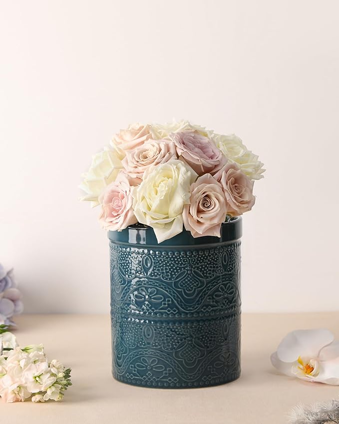 FUN ELEMENTS Kitchen Utensil Holder, 7.2+5.5" Super Large Utensil Crock Heavy and Stable Lace Emboss Ceramic Utensil Holder for Kitchen Counter(2Pcs Grayish Blue)