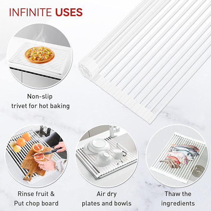 MERRYBOX Roll Up Dish Drying Rack, Silicone Wrapped Over The Sink Dish Rack Foldable Dish Drainer Anti-Slip Dish Racks for Kitchen Counter, Multipurpose Kitchen Sink Drying Rack, 18" x 13", White