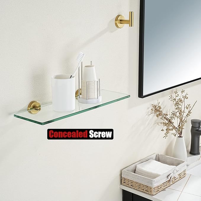 JQK Bathroom Glass Shelf Gold, Tempered Glass Shower Storage 16 by 5 inches, 304 Stainless Steel Brushed Gold Wall Mount 2 Pack, TGS101L16-BG-P2
