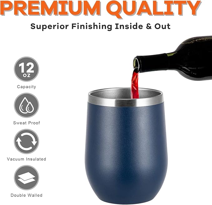 COMOOO Stainless Steel Navy Wine Tumbler Glass Bulk with Lid and Straw 12oz Double Wall Vacuum Insulated Travel Tumbler Cup Stemless for hot and Cold Drinks, Coffee, Wine, Cocktails 6 pack