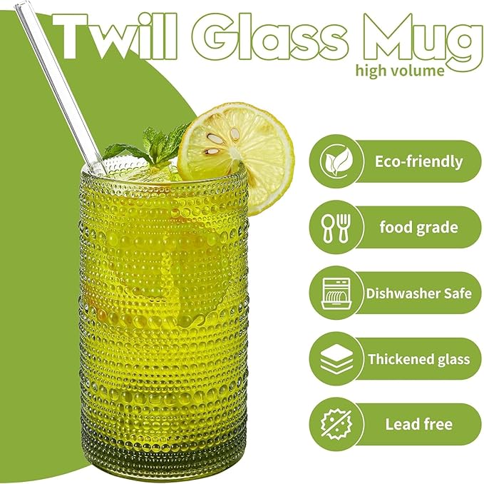16oz Green Hobnail Drinking Glasses with Straws Set of 12, Highball Glasses Cups, Kitchen Water Glasses Cup, for Cocktail, Juice, Whiskey, Milk and Various Mixed Drinks