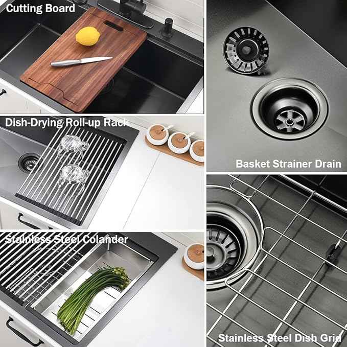 28 Inch Black Drop In Kitchen Sink Workstation - VOKIM 28x22-Inch Drop In sink 16 Gauge Stainless Steel 10'' Deep Single Bowl Handmade Kitchen Sink with Cutting Board & Strainer