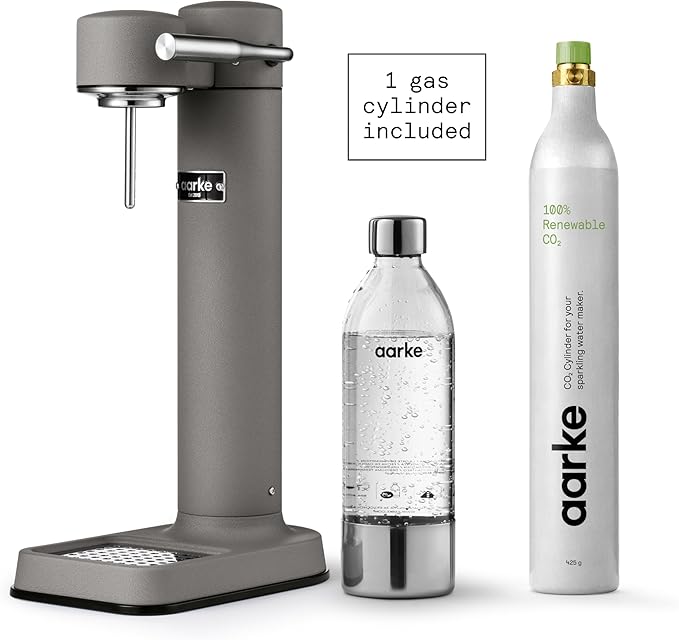 Aarke Carbonator lll with CO2 Cylinder, Sparkling & Carbonation Water Machine, Stainless Steel with PET BPA-Free Reusable Bottle Volume 1L/34 fl oz (Matte Grey)