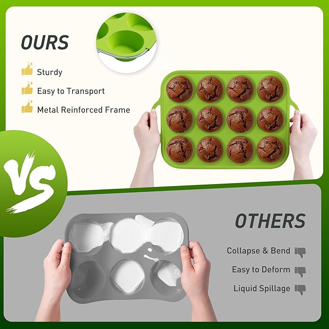 Socisen 12 Cups Silicone Muffin Pan with Metal Reinforced Frame Regular Size Cupcake Pan Tray Egg Bites Silicone Circle Cookie Molds Muffin Tin Tart Pans Baking Sheet Set for Oven Dishwasher Safe