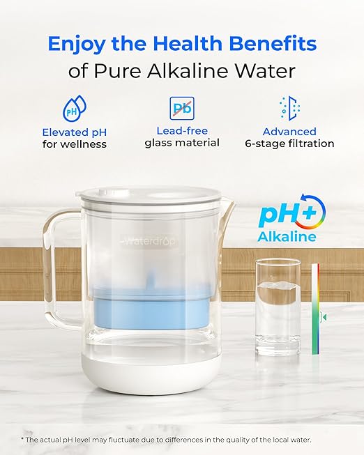 Waterdrop PT-72C-A Glass Alkaline Water Filter Pitcher, 7-Cup, Eco-Friendly, Enhances Alkaline Water, for Home & Office, Reduces PFOA/PFOS, Chlorine, Cadmium, Copper & Mercury, Clear
