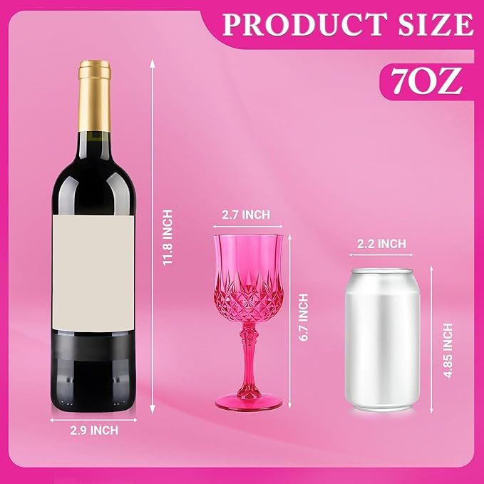 Plastic Wine Glasses, Plastic Goblets Vintage Style Cordial Unbreakable Drinking Glasses, Reusable Drinkware for Wedding Reception, Grand Event Party Supplies, Mother's Day (24, Hot Pink)