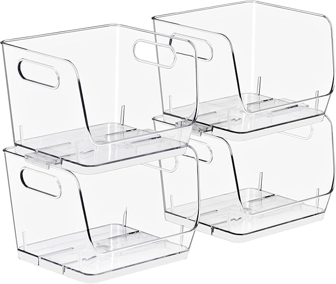 Sorbus Stackable Storage Bins Open Front, Clear Stackable Storage Bins, Pantry Bins for Storage and Organization, Acrylic Stackable Bins for Kitchen, Clear Pantry Organizer Bins (Small Square 4 Pack)