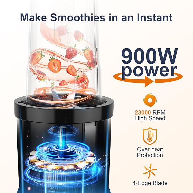 KOIOS Smoothie Blender, 900W Personal Blender for Shakes and Smoothies for Kitchen with 2 Portable Cups 22oz, Single Serve Smoothies Maker Mixer for Juices, Nutritious Recipe, Sky Blue