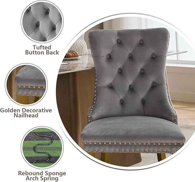 Velvet Dining Chairs Set of 4, Kitchen & Dining Room Chairs, Upholstered Dining Chairs with Back Ring Pull and Golden Solid Wood Legs, Modern Tufted Kitchen Chairs for Dining Room, Light Grey